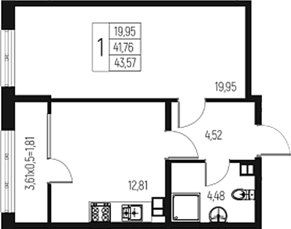 Продается 1-комн. квартира, 41.76 м²