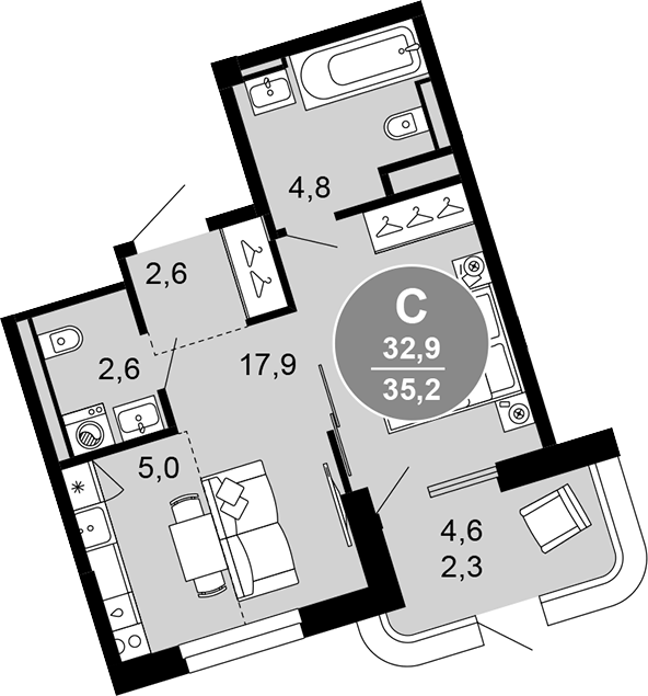Планировка 32.9 м²