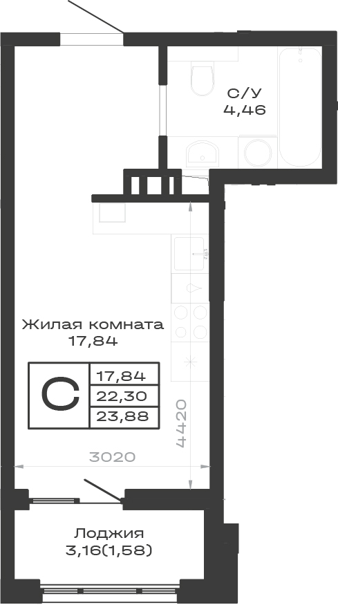 Студия · 22.3 м²
