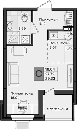 Планировка 27.72 м²