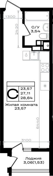 Студия квартира, 27.11 м² в ЖК ЮЖНО