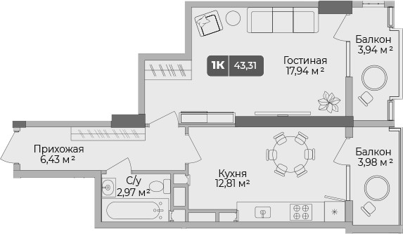 1-комн. · 40.94 м²