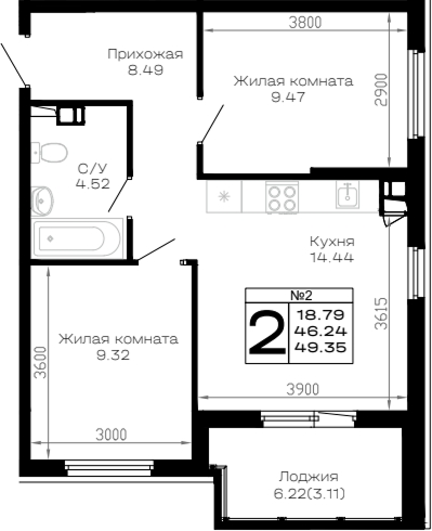 Продается 2-комн. квартира, 46.24 м²