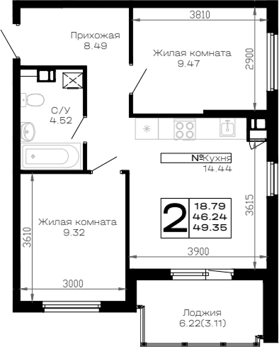 Продается 2-комн. квартира, 46.24 м²