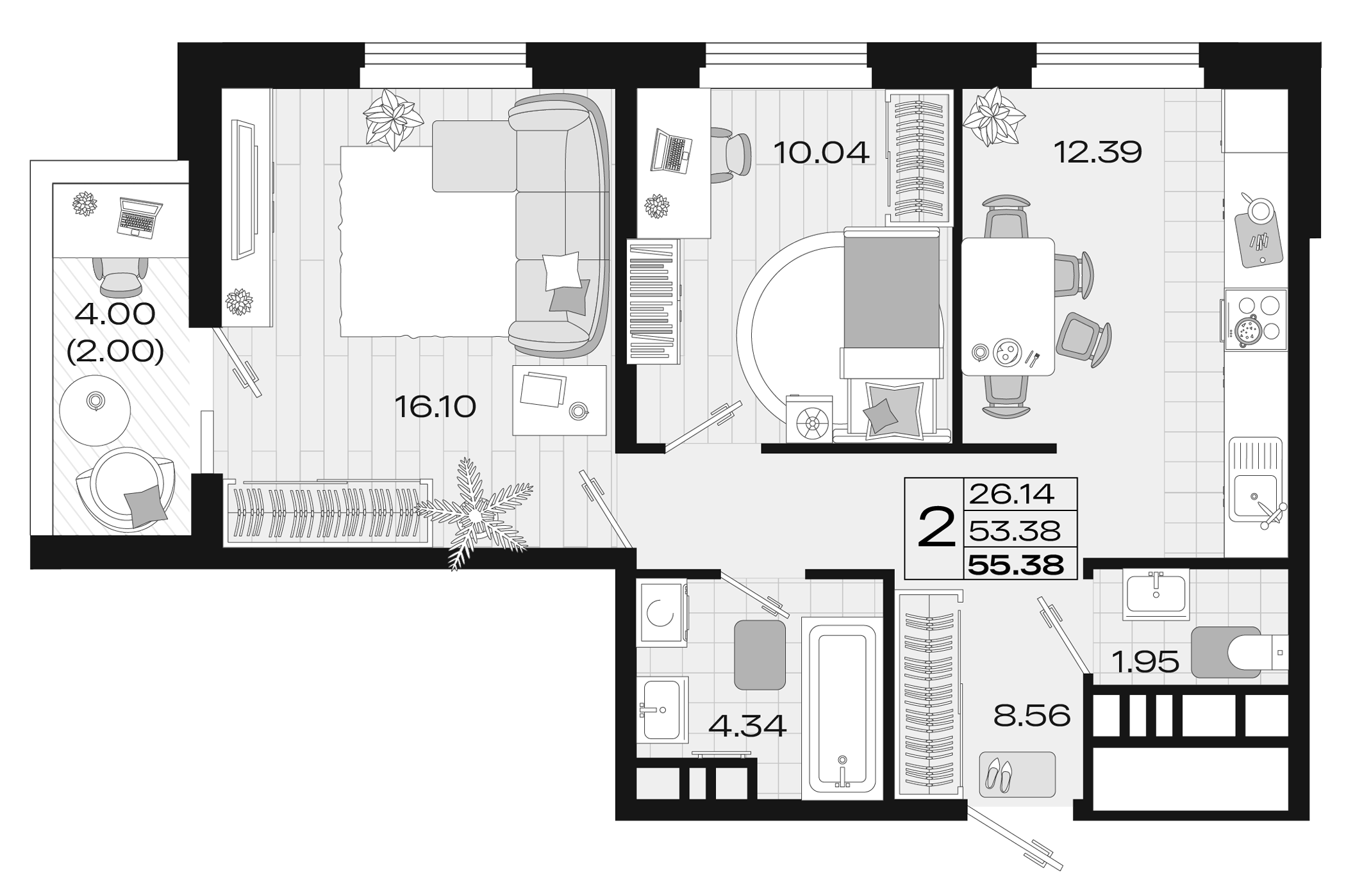 Планировка 53.38 м²