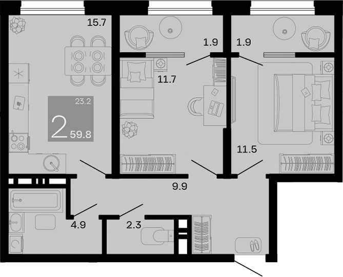 Продается 2-комн. квартира, 56 м²