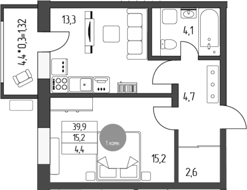 Продается 1-комн. квартира, 39.9 м²