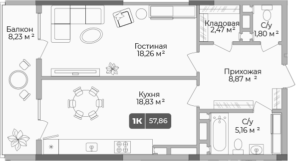 Продается 1-комн. квартира, 55.39 м²
