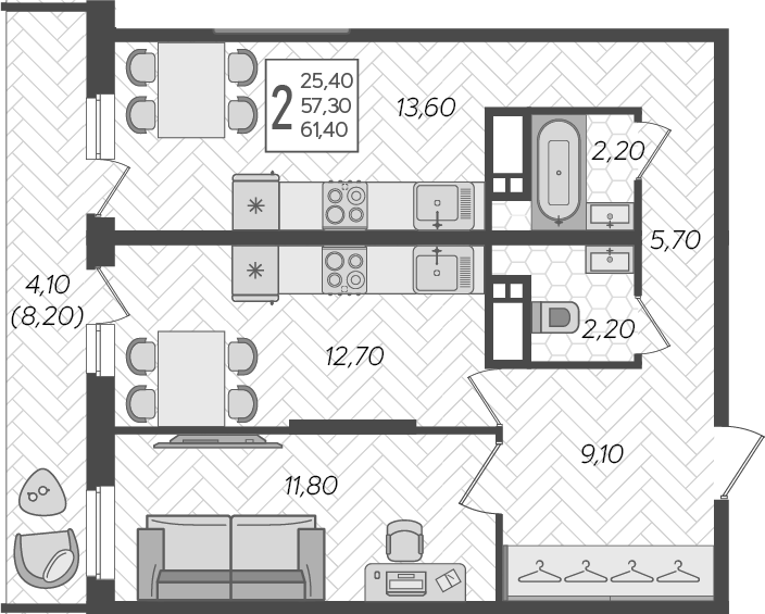 Продается 2-комн. квартира, 57.3 м²