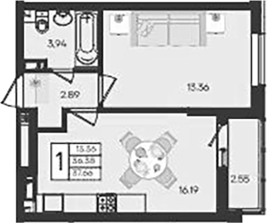Планировка 36.38 м²