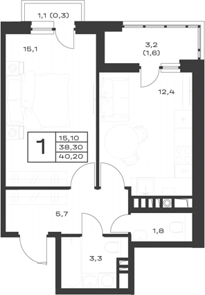 Продается 1-комн. квартира, 38.3 м²
