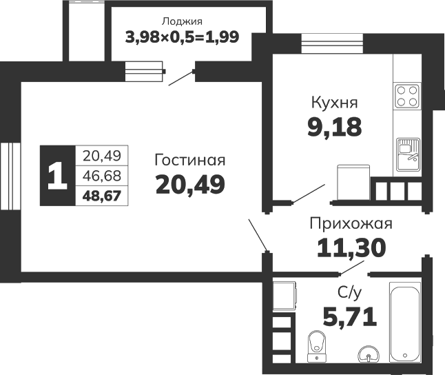 1-комн. · 46.68 м²