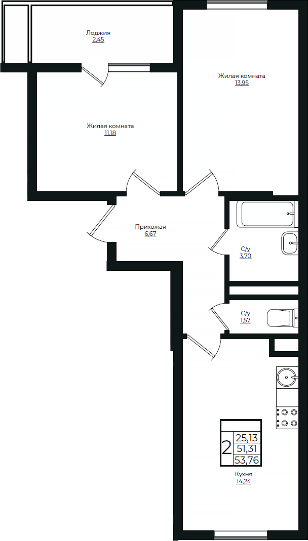Продается 2-комн. квартира, 51.31 м²