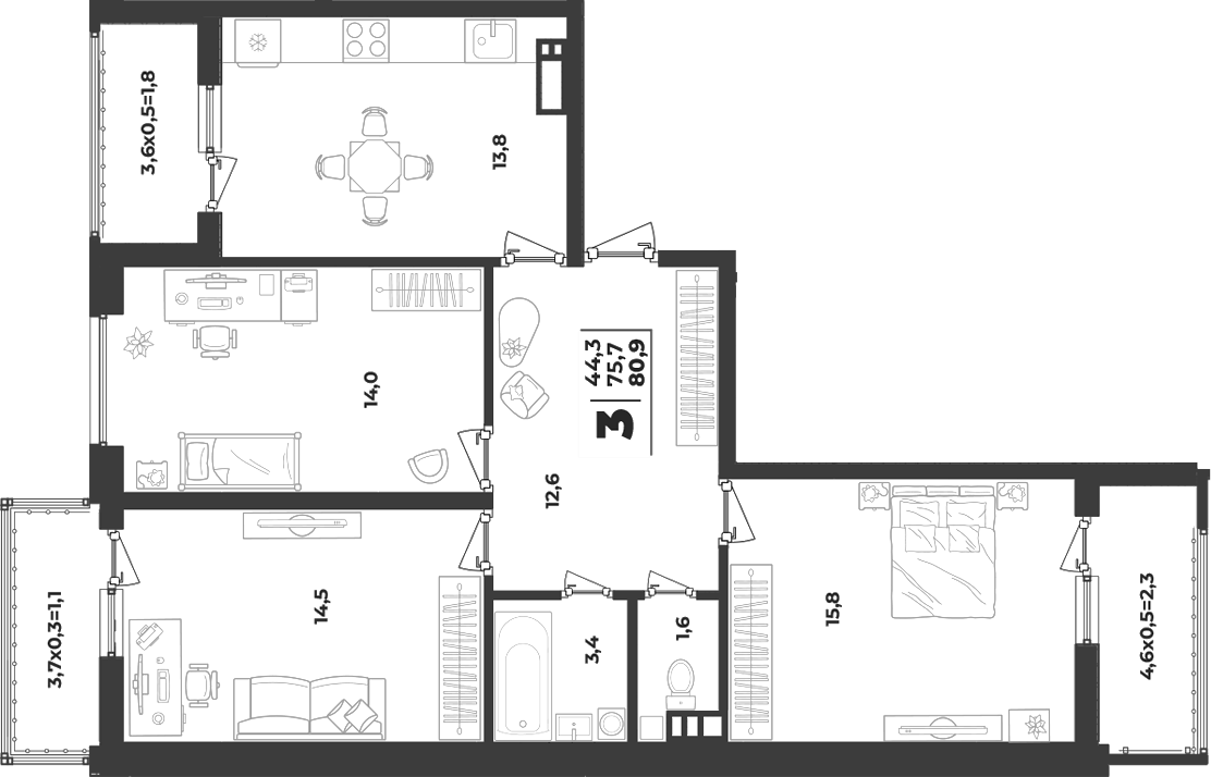 Продается 3-комн. квартира, 75.7 м²