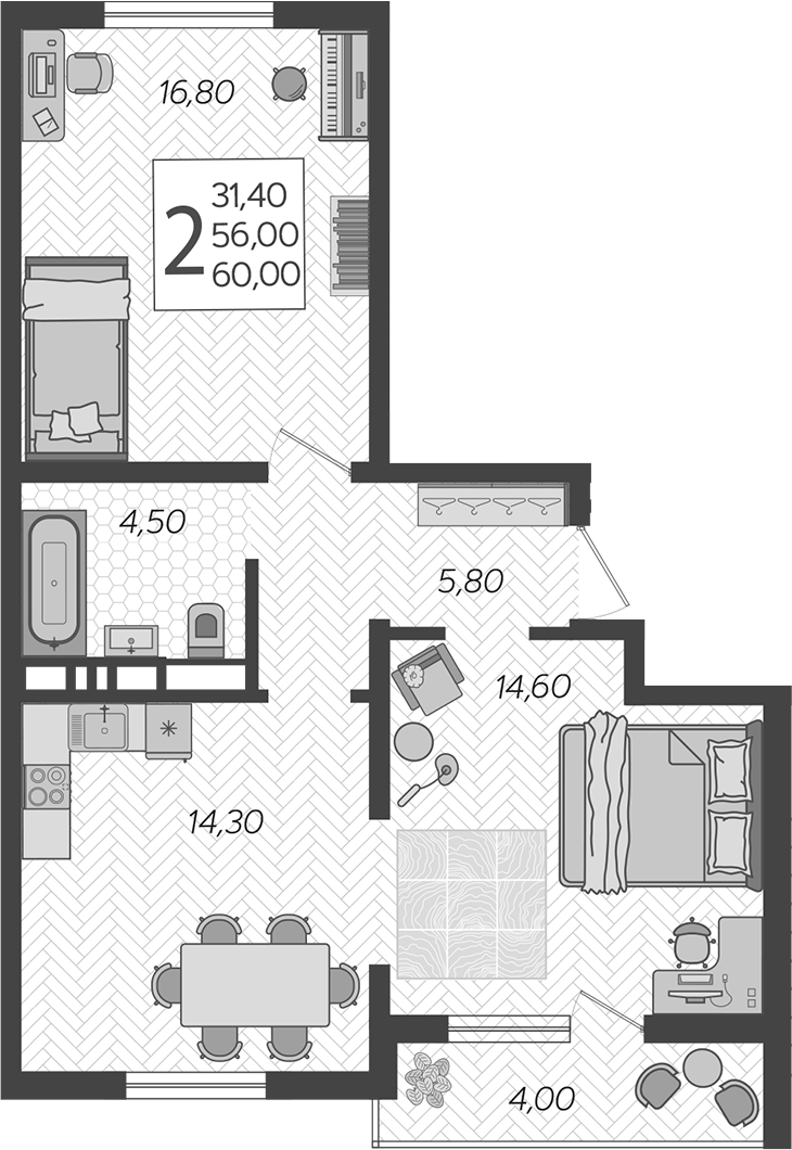 Планировка 56 м²