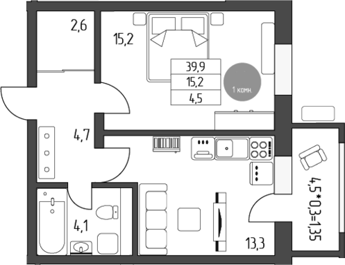Продается 1-комн. квартира, 39.9 м²