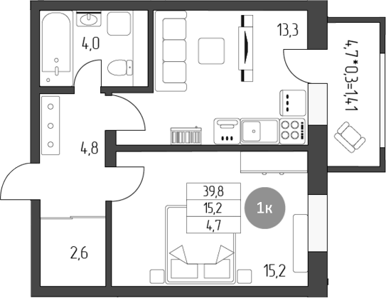 Продается 1-комн. квартира, 39.8 м²