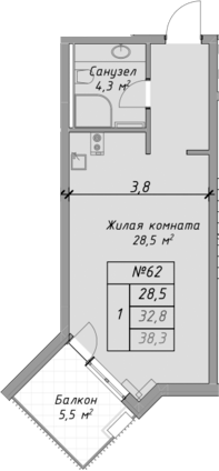 Продается 1-комн. квартира, 32.8 м²