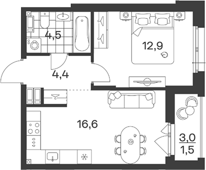 Планировка 38.4 м²