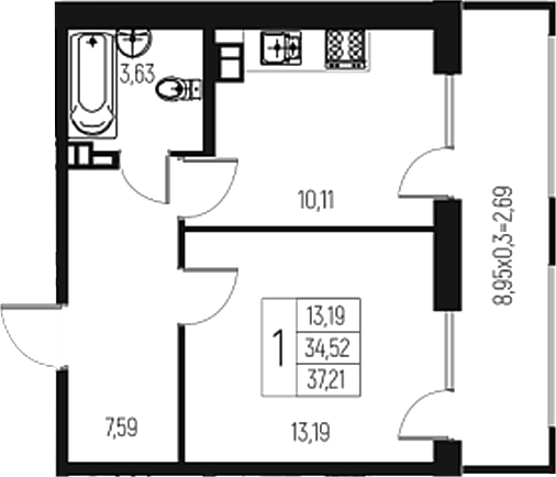 Продается 1-комн. квартира, 34.52 м²