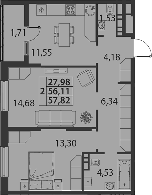 Планировка 56.11 м²
