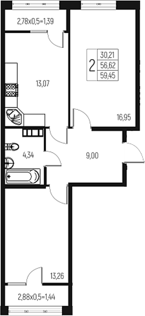 Продается 2-комн. квартира, 56.62 м²