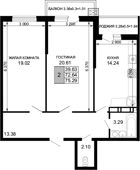 Планировка 72.64 м²