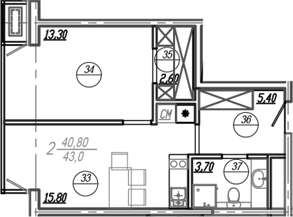 2-комн. · 42.45 м²