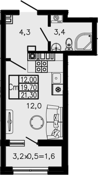 Студия, 19.7 м²