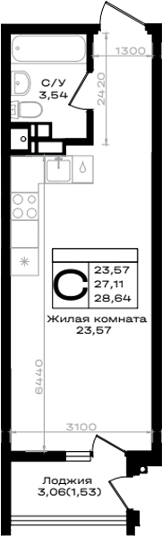 Студия квартира, 27.11 м² в ЖК ЮЖНО