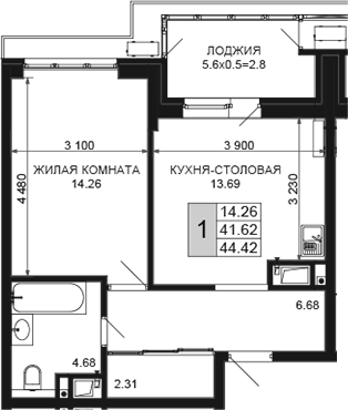 Планировка 41.62 м²