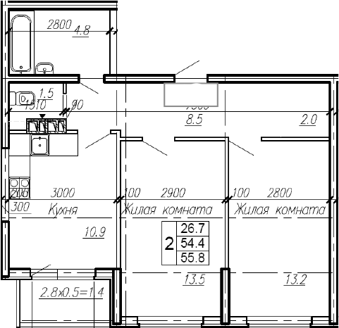 Продается 2-комн. квартира, 54.4 м²