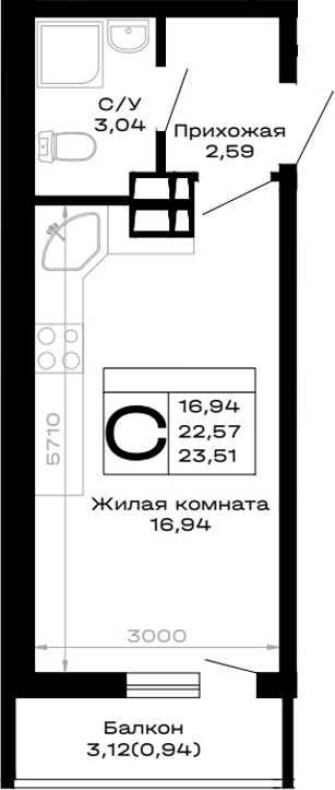 Планировка 22.57 м²