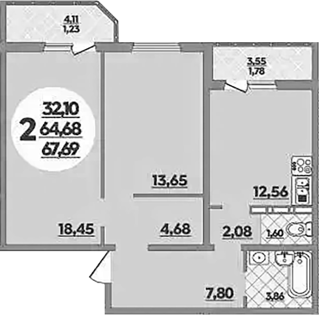 Продается 2-комн. квартира, 64.68 м²
