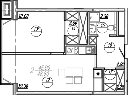 Планировка 47.5 м²