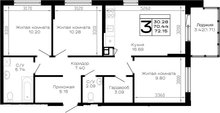 Продается 3-комн. квартира, 70.44 м²