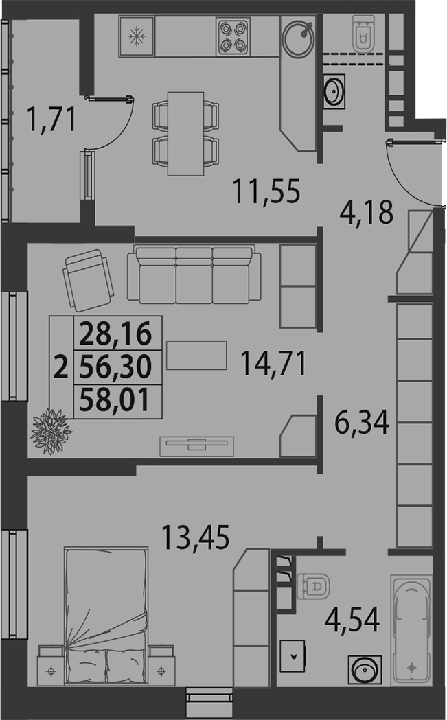 Планировка 56.3 м²