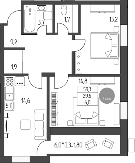 Продается 2-комн. квартира, 59.3 м²