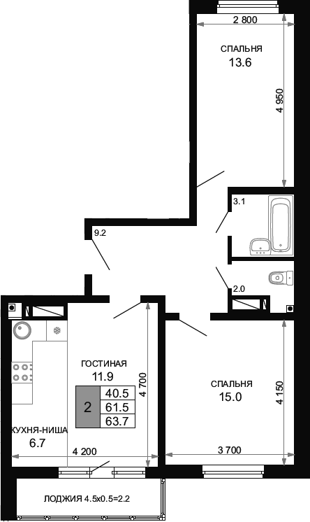 3-комн. · 61.5 м²