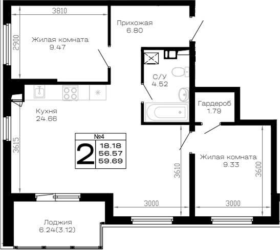 Продается 2-комн. квартира, 56.57 м²