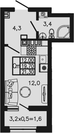 Студия, 19.7 м²