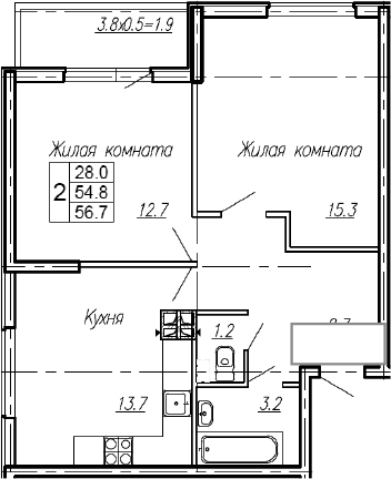 Продается 2-комн. квартира, 54.8 м²