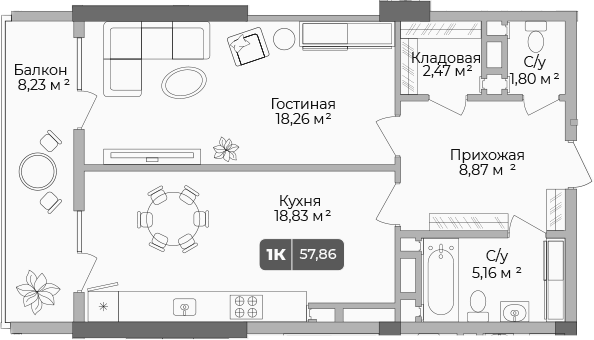 Продается 1-комн. квартира, 55.39 м²