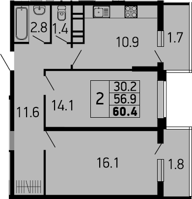 Планировка 56.9 м²