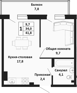 Продается 1-комн. квартира, 34 м²