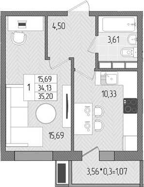 Продается 1-комн. квартира, 34.13 м²