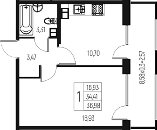 Продается 1-комн. квартира, 34.41 м²