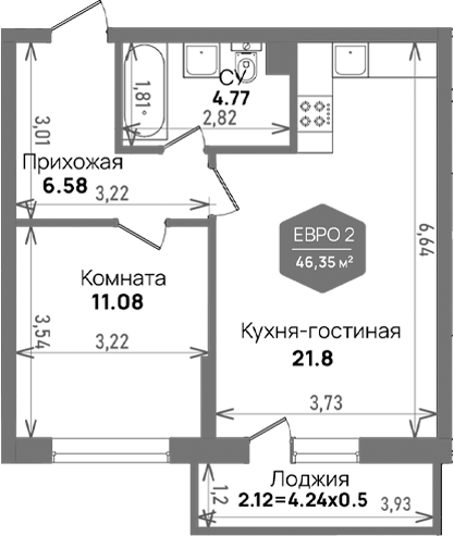 Планировка 44.23 м²
