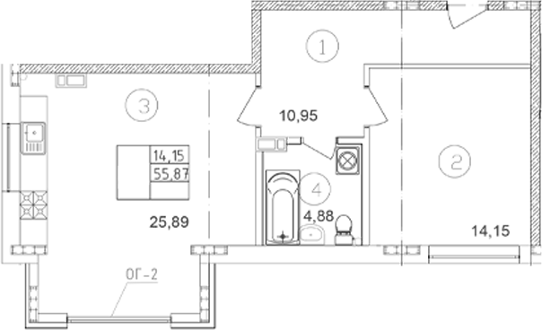 Планировка 55.87 м²