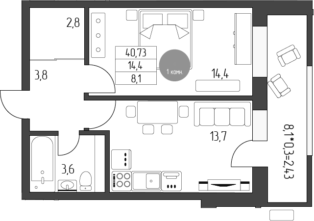 Продается 1-комн. квартира, 38.3 м²